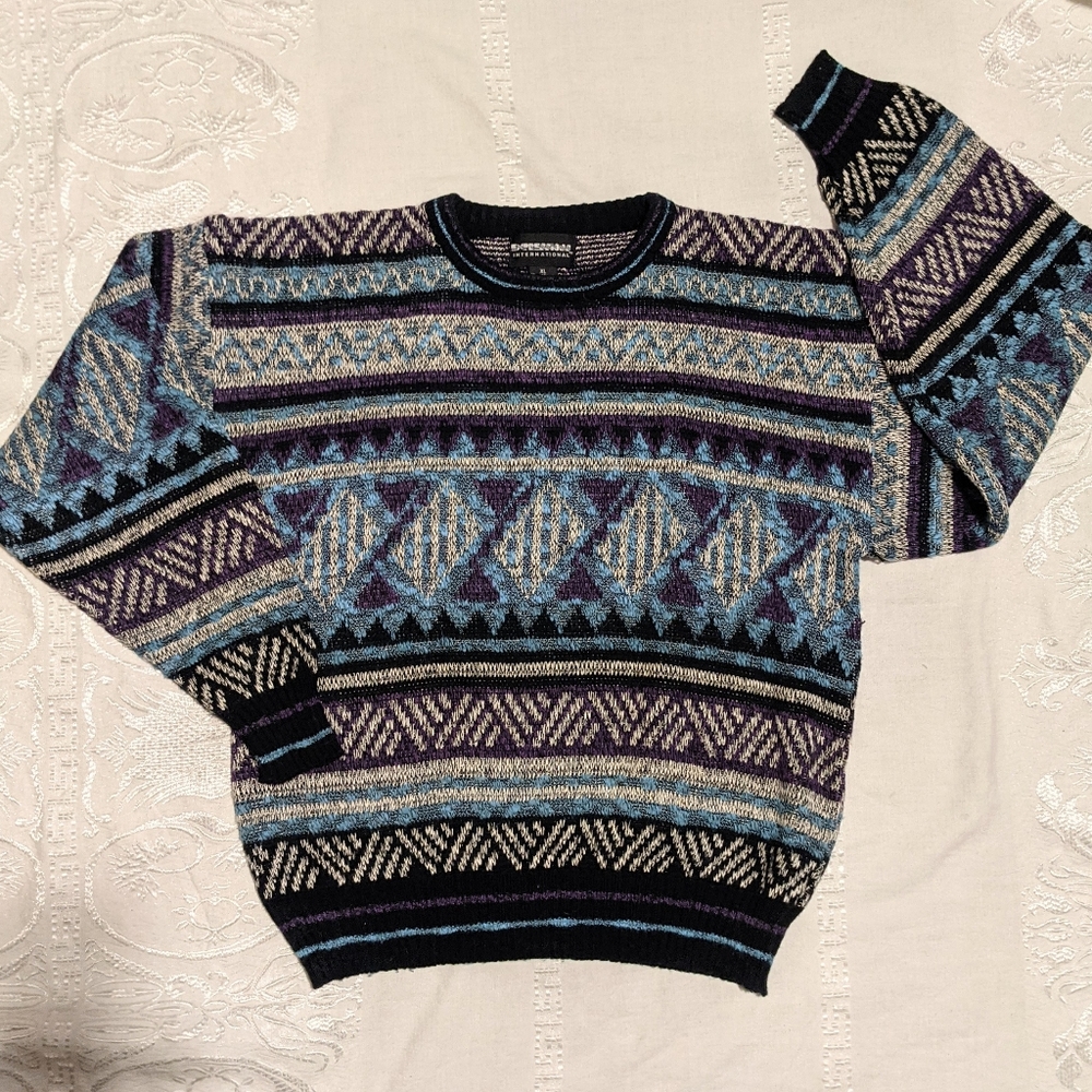 Vntg 90's Expressions Int'l Colorblock Acrylic Blend Boyfriend Sweater Jumper XL